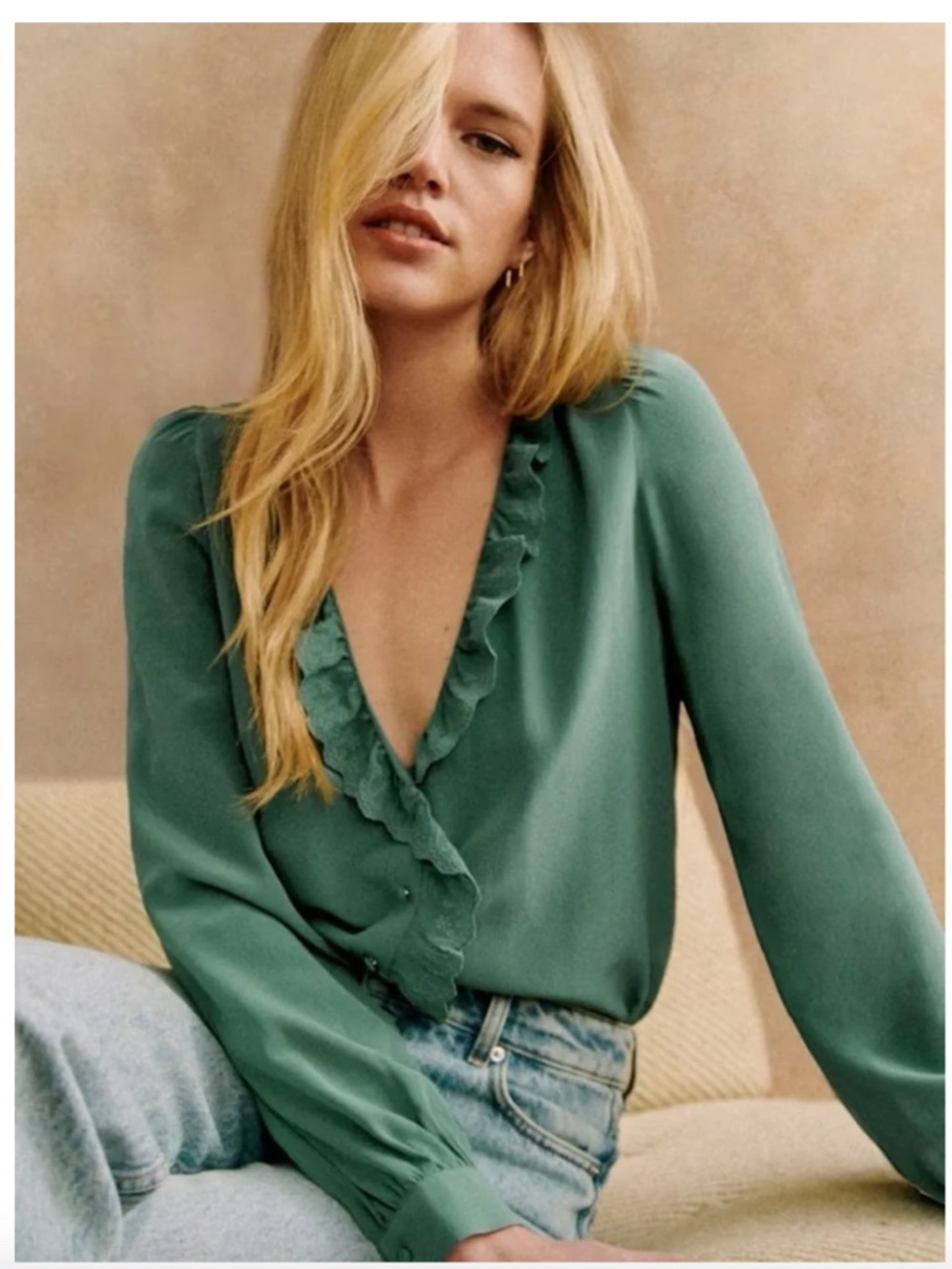NWT Sezane Rosine Button-Down Blouse in Sage Green Size 10